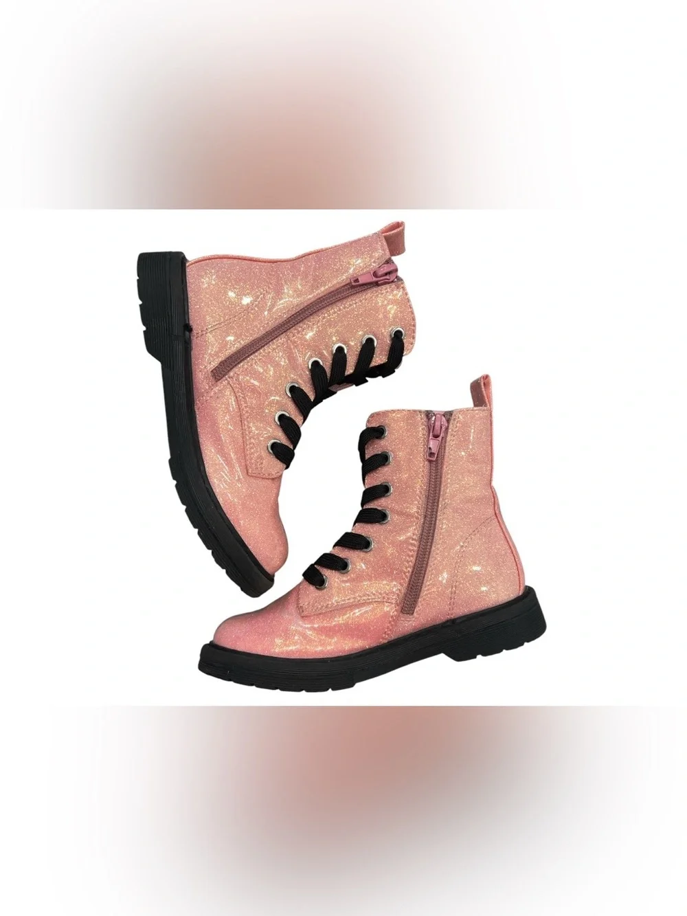 Thereabouts Girls Pink/Black Glitter Lace-Up Ankle Combat Boots Round Toe US 11M